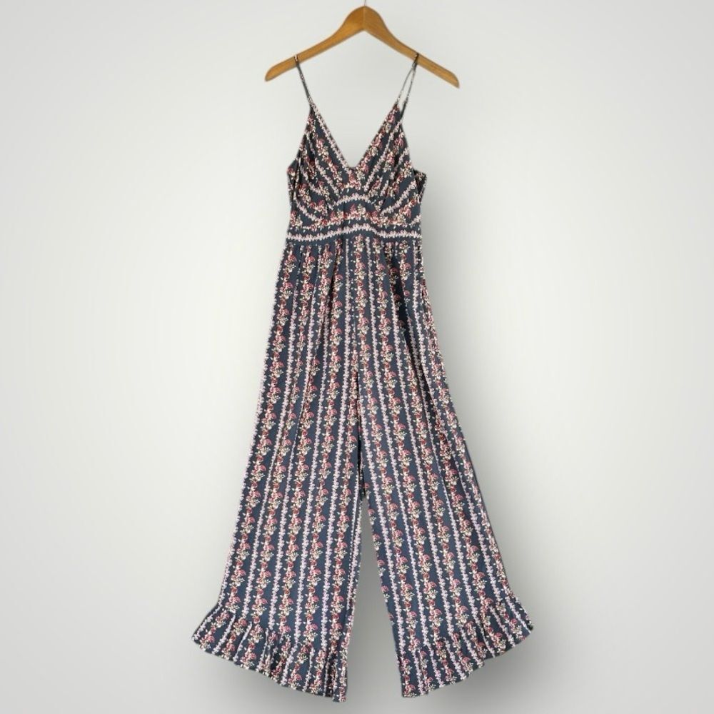 Floral Navy Wide-Leg Jumpsuit with Spaghetti Straps